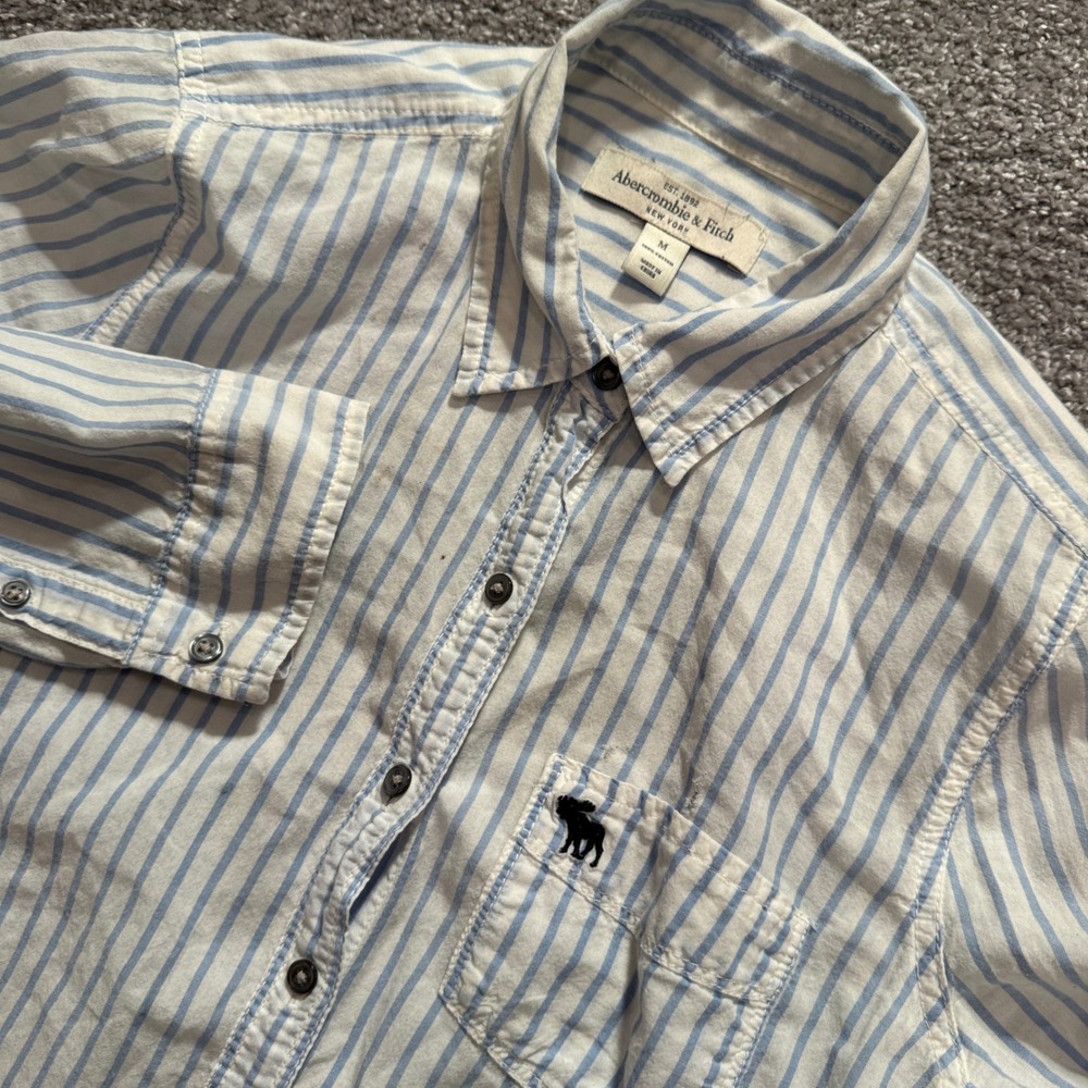 Abercrombie & Fitch Shirt Women M Blue White Striped Cotton Preppy Logo Heritage